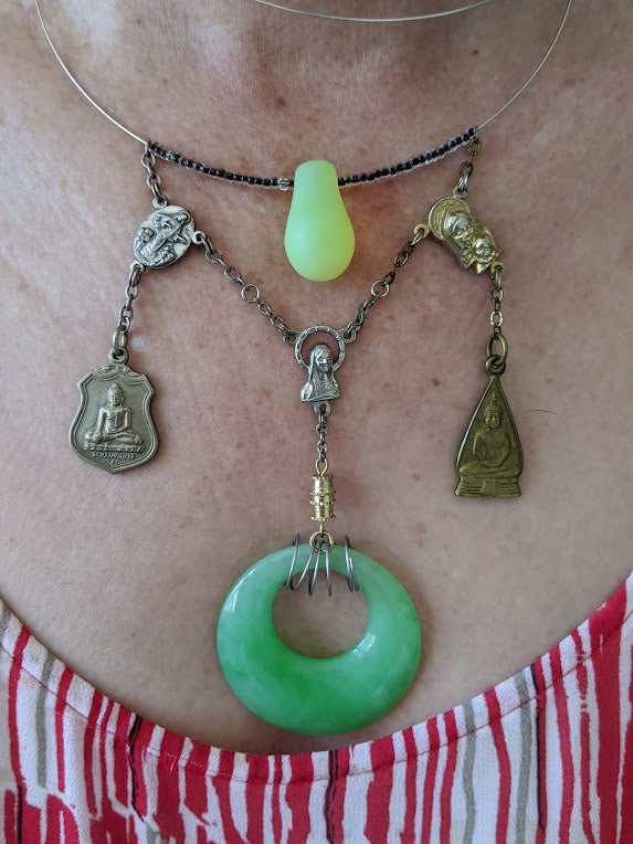 Jade Pendant triple Mary double buddha necklace