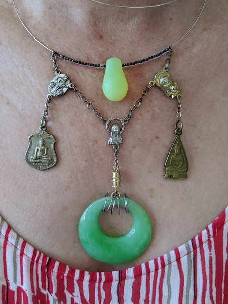 Jade Pendant triple Mary double buddha necklace